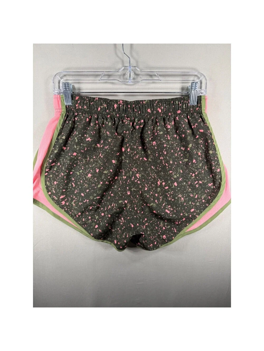 Nike Dri-FIT Splatter Print Running Shorts Womens Medium Pink Olive Green Mesh